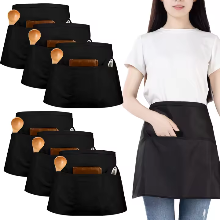 Delantal de Giro Negro (paquete de 6), delantal de Camarera con 3 bolsillos, impermeable, para helbres y Mujeres, ideal para limpieza, Pintura, jardinería, bostró y restorante. - 1