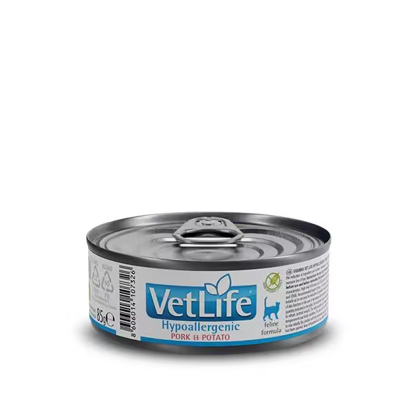 FARMINA VET LIFE CAT HYPOALLERGENIC CERDO CAJA 12X85GR / alimento dietético completo para gatos destinado a la reducción de las intolerancias a ingredientes y nutrientes - 1