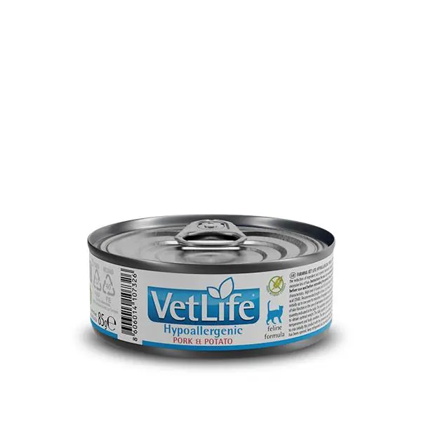 FARMINA VET LIFE CAT HYPOALLERGENIC CERDO CAJA 12X85GR / alimento dietético completo para gatos destinado a la reducción de las intolerancias a ingredientes y nutrientes - 1