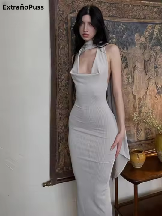 Vestido Bodycon De Noche Para Mujer Con Halter Y Sin Espalda Con Bufanda Vuelta Hollow Y Abertura Para Occasiones Formales Y Baile Del Prom Vestido Elegante De Pierna Larga Y Sexy - 1