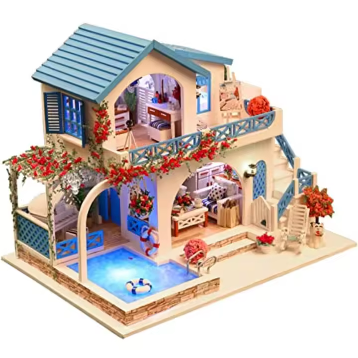 Kit de casa de muñecas en miniatura 3D con LED y música, kit de rompecabezas de madera para bricolaje, casa de muñecas con muebles modelo en miniatura (ciudad azul y blanca) - 1