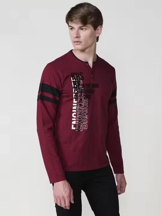 Koroshi - Camiseta hombre manga larga estampada de algodón 100 % con cuello redondo y abertura, ideal para entretiempo - 1