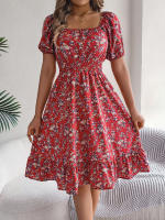Vestido Elegante De Primavera Y Verano Para Mujer Con Estampado Floral Cuello Cuadrado Manga Corta Volante Al Borde Vestido A-Line De Rodilla Casual - details 30