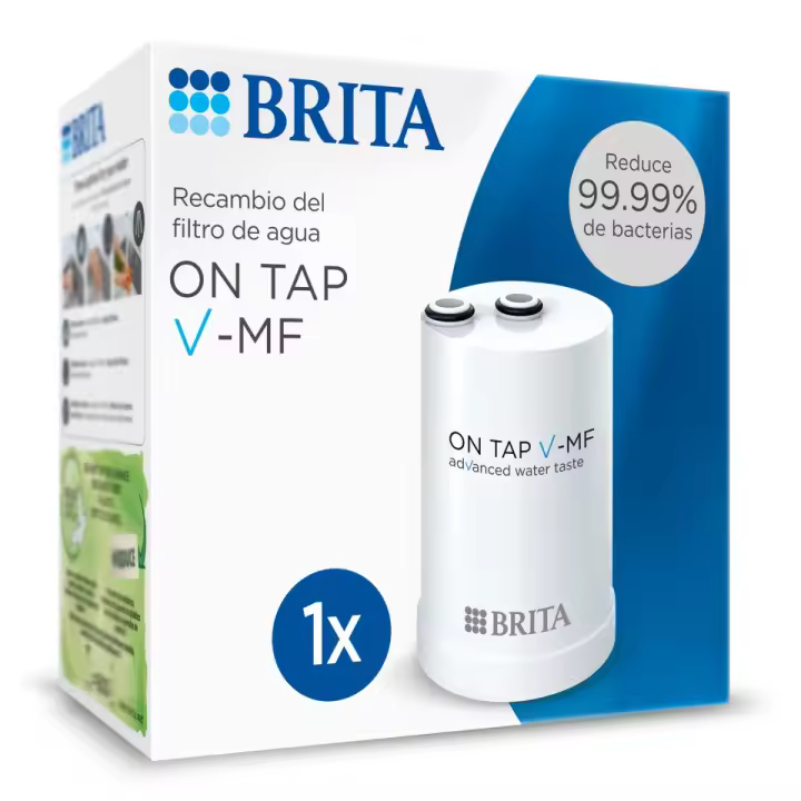 BRITA Filtro de Agua On Tap V-MF | Pack 1 o 2 Unidades | Compatible con Sistema BRITA On Tap V-MF | Filtra hasta 600L | Elimina el 99,99 % de bacterias, cloro y microplásticos | Conserva minerales | Fácil de instalar | Sin BPA | Tecnología de microfiltr - 1