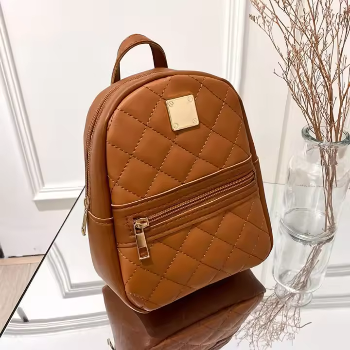Mochila De Piel De PU De Gran Capacidad Mini Lingge Bordada Para Mujer Color Sólido Con Cierre De Cremallera Estilo De Moda Para Viajes Y Shoulder Bag - 1