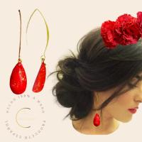 Pendientes Flamenca Mujer Imitación Piedra Natural muy ligeros-Dorados y distintos Rojos-Complementos flamenca-Pendientes Sevillana-Feria de Abril Accesorios - details 0