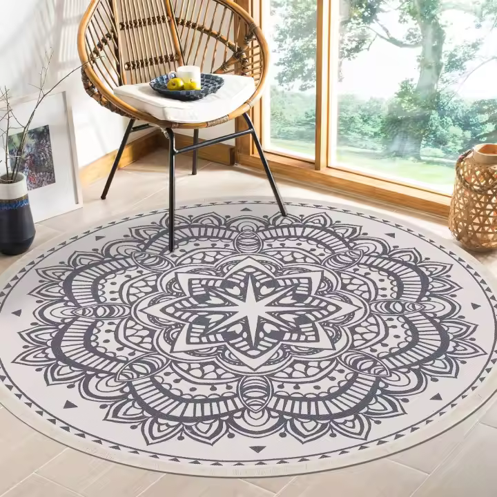 Indian Mandala Boho Style Cotton Round Rug,Round Rug with Fringes,Classic Modern Traditional Round Rug for Bedroom,Living Room (120 x 120 cm) - 1