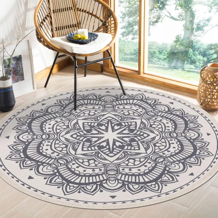 Indian Mandala Boho Style Cotton Round Rug,Round Rug with Fringes,Classic Modern Traditional Round Rug for Bedroom,Living Room (120 x 120 cm) - 1