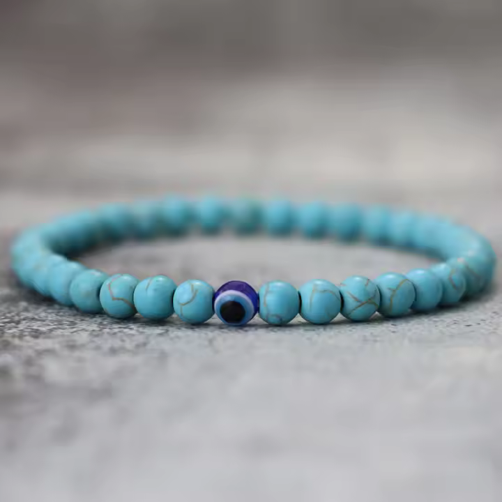 Pulsera De Piedra 6mm Para Hombres Estilo Simple Con Ojos Turcos MEDITACIÓN HEALING Pulsera De Hada Roja Blanca Azul Howlite De Terciopelo Sin Cierre - 1