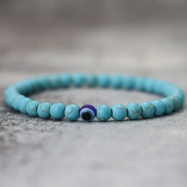 Pulsera De Piedra 6mm Para Hombres Estilo Simple Con Ojos Turcos MEDITACIÓN HEALING Pulsera De Hada Roja Blanca Azul Howlite De Terciopelo Sin Cierre - 1
