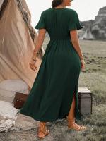 Vestido Casual De Verano Para Mujer 2024 AliExpress Con Cuello En V Manga Corta Y Abertura Midi De Poliéster Estilo Europeo Y Americano - details 14