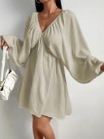 Vestido Mini De Mujer Textura De Plisado Escote Profundo Manga Balón Blanco Primavera Verano Estilo Bohemio Playa Vacaciones - details 3