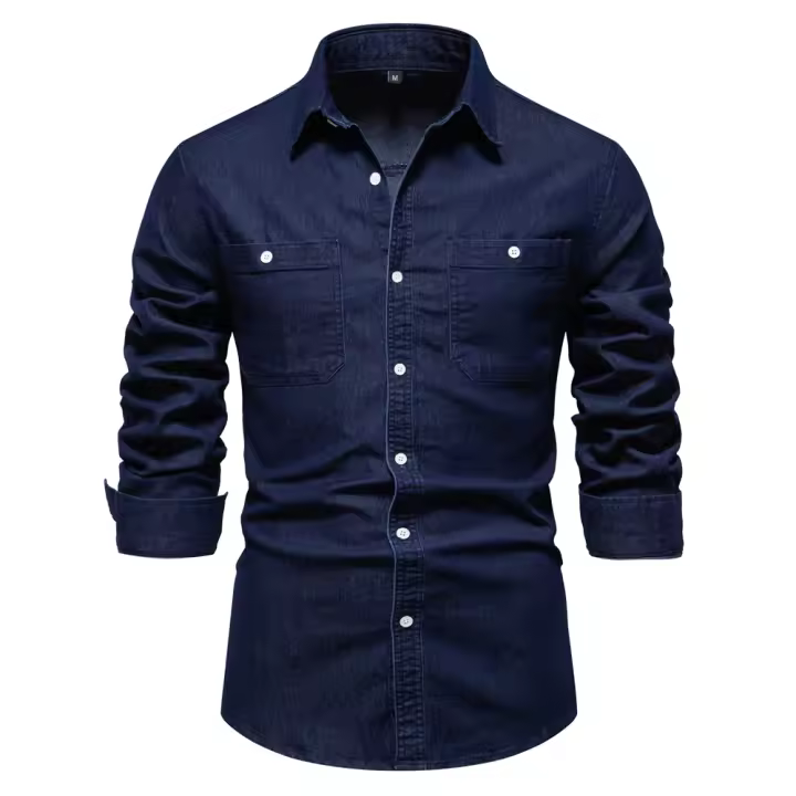 Camisa De Mezclilla Para Hombre Nueva De Otoño Con Doble Bolsillo Cierre De Correa Casual Diseño Social Justa Algodón Y Spandex - 1