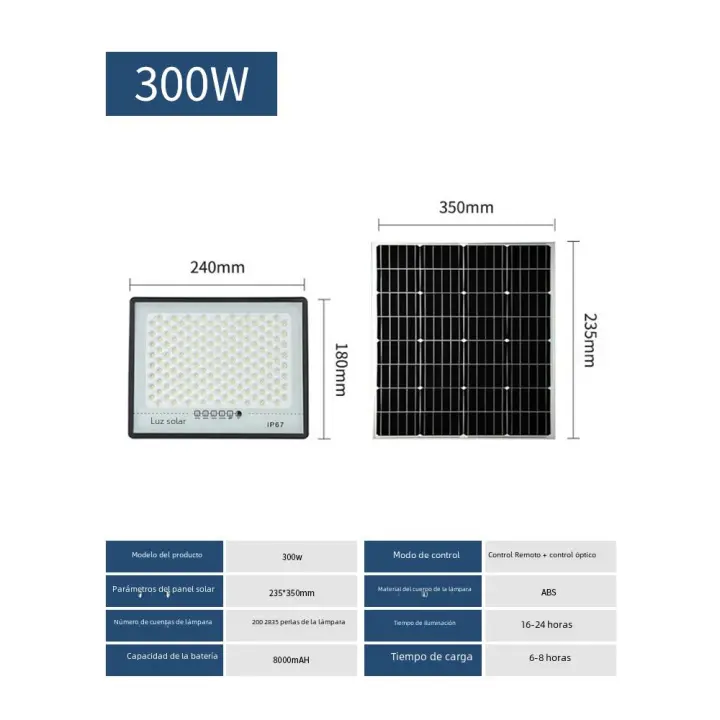 Lámpara Solar de 300W para Exterior, Focos impermeables, Luces Solares with a Distancia, reflector de Luz, Luces de Jardín y Calle - 1