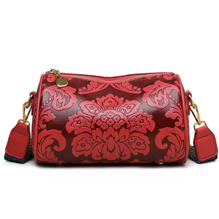 Bolso De Hombro Cruzado Estilizado Chino Para Mujeres Bolso Cilíndrico Con Relieve De Flor Cierre De Cremallera Material PU Y Lona Interior - 1