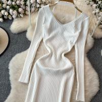 Vestido Largo De Mujer Con Cuello En V Y Manga Larga Blanco Elegante Con Cierre De Lazos Estilo Callejero Alta Moda Para Otoño Y Playa - details 16