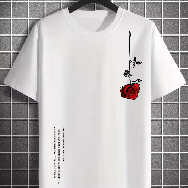 Camiseta De Verano Para Hombre Talla Grande 100% Algodón Estampado De Rosas Cuello Redondo Manga Corta Casual Transpirable - 1