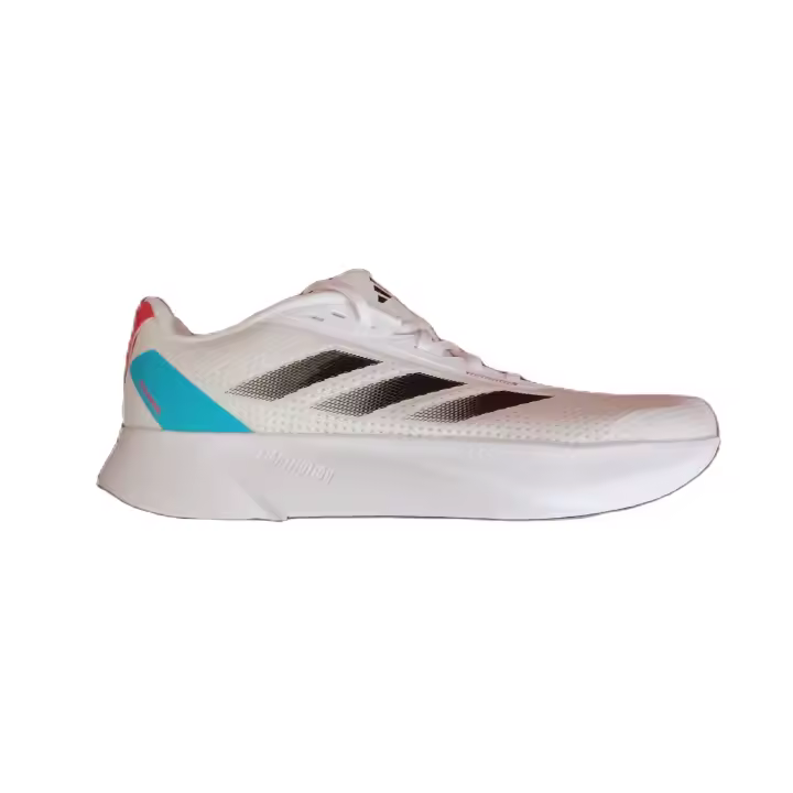 Deportiva Running de Adidas Hombre, modelo Duramo SL; Referencia IF7869, color Blanco con las bandas características de la marca en negro en degradado y detalles en turquesa y fresa. Buena amortiguación para corredores nivel medio. 782230 - 1