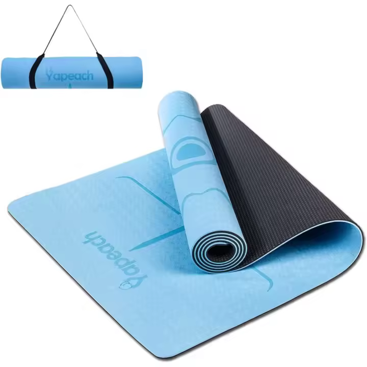 Esterilla de yoga antideslizante con marcador de alineación, ecológica, para fitness, para mujer y hombre, gruesa, antidesgarro, para gimnasio, entrenamiento, pilates, correa, color azul y gris - 1