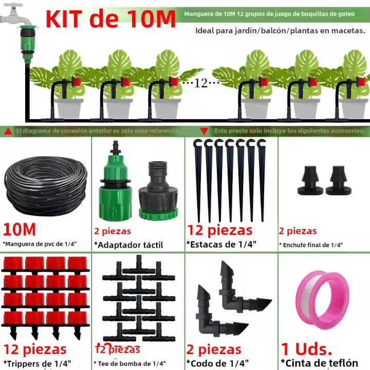 Kit De Riega Drip Para Jardín 10-30M Con 1/4'' Sistema Automático De Riego Para Plantas Bonsái Flores Verduras Invernadero - 1
