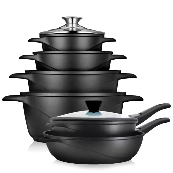 Briebe MGK1219 Batería de Cocina Inducción 12 Piezas Aluminio Fundido 4 Ollas 2 Sartenes Antiadherente Tapas, , Negro - 1