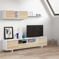 Meimon Conjunto de salón BELUS en Blanco Brillo y Roble Canadian con mueble TV de 3 puertas, módulo superior de 2 puertas y estante de colgar, con herrajes metálicos, colgadores regulables, sistema pasacables y materiales E1 resistentes y duraderos - details 0