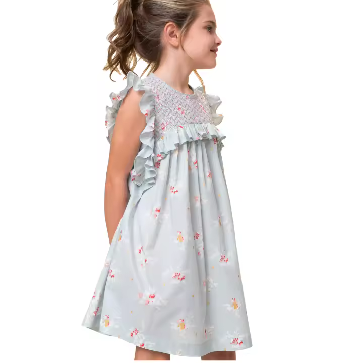 Vestido niña elegante Petit Alo azul flores rosas | Sin mangas, nido de abeja a mano bordado, 100% viscosa, lavable a máquina - 1