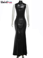 Vestido De Cuero Sintético Sin Mangas Para Mujer Cuello Alto Sólido Estilo Callejero Clásico Largo Cuerpo En Primavera/verano - details 4