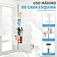 Ruhhy, Estantería de Ducha Esquinera Extensible 200-300cm con 4 Baldas Ajustables y Gancho | Estante de Baño sin Taladro en Rincón | Organizador Vertical para Gel Champú Toallas - Blanco y Acero Inoxidable - details 1