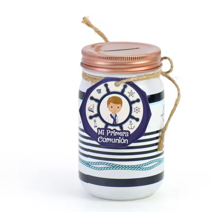 1 unidad de Hucha para comunión de niño y comunión de niña, Regalos para niños, diseño exclusivo, tarro de cristal y tapa de metal, decoración con cordón de yute, regalos originales para invitados, Regalantes.com - 1