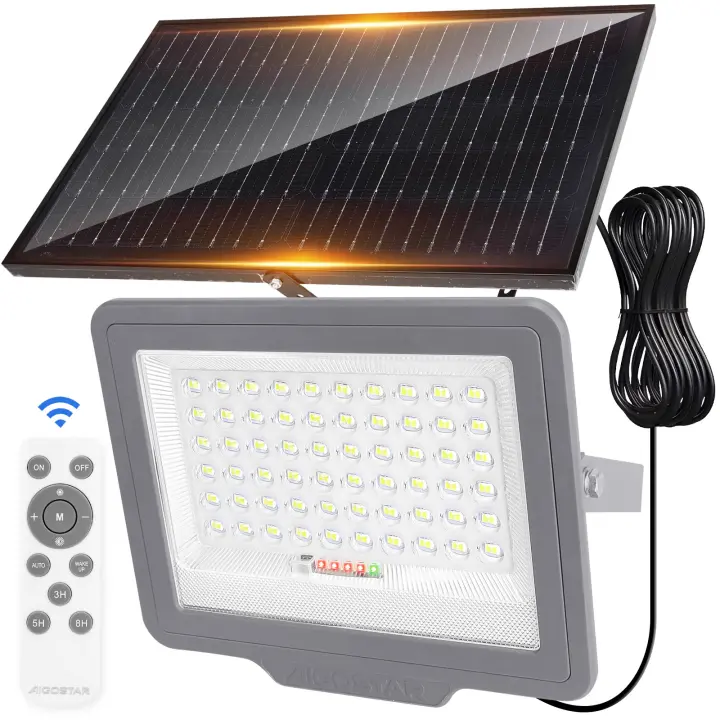 Aigostar - Foco solar exterior con mando a distancia, 200W, gran panel solar y batería de gran capacidad 15000mAH.Luz solar LED,cable 2m, 6500K,para interior y jardín,patios,garajes o piscinas. - 1