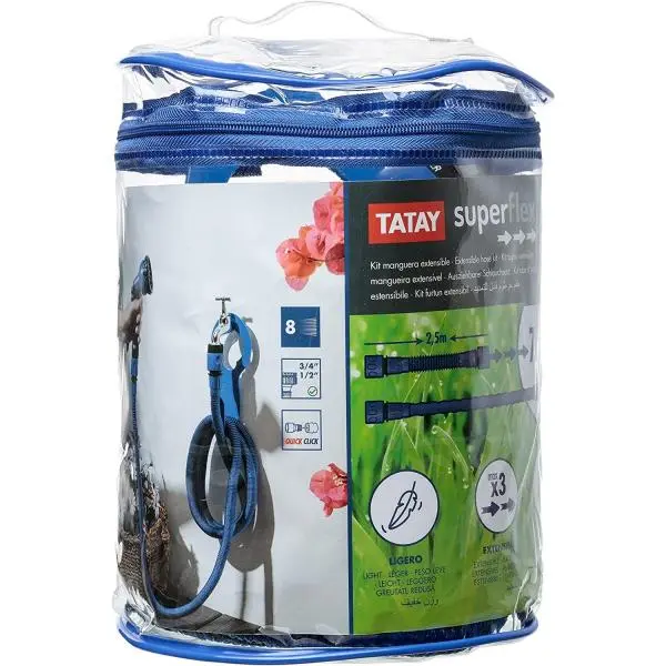 Tatay Kit Manguera Extensible Superflex de 7.5 M con Pistola de Riego de 8 Posiciones, Conector Universal y Colgador de Grifo - 1