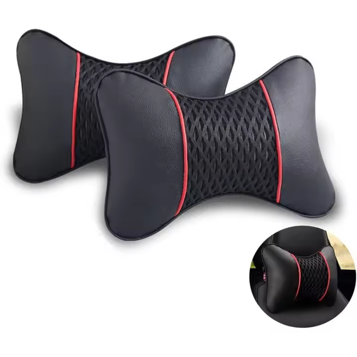 2 piezas, almohada Universal de cuero suave y transpired para el cuello del Automóvil, color Negro y Rojo - 1