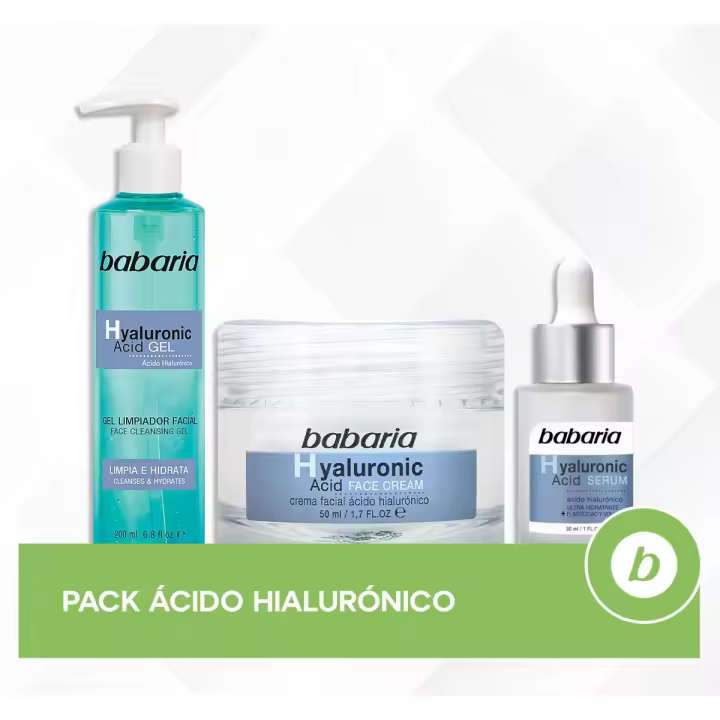 Babaria Pack Ácido Hialurónico: Crema Ultra Hidratante, Sérum Reafirmante y Gel Limpiador para Hidratación y Elasticidad Facial - 1