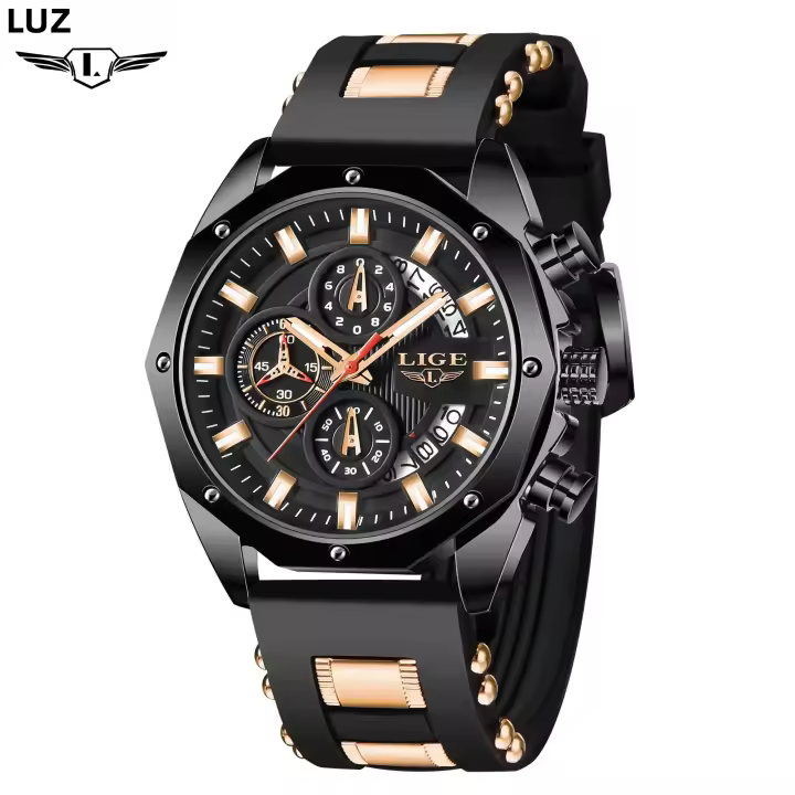 Reloj De Pulsera De Lujo LIGE Para Hombre Cuarzo Deportivo Resistente Al Agua Con Correa De Silicona Y Función Cronógrafo - 1