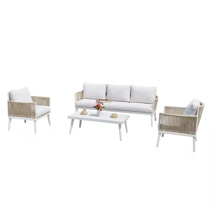 Pack de Exterior Jardín Ibiza Estilo Nórdico en Color Blanco y Roble con 2 Sofás Individuales y 1 Sofá de 3 Plazas (CON Cojines) - 1