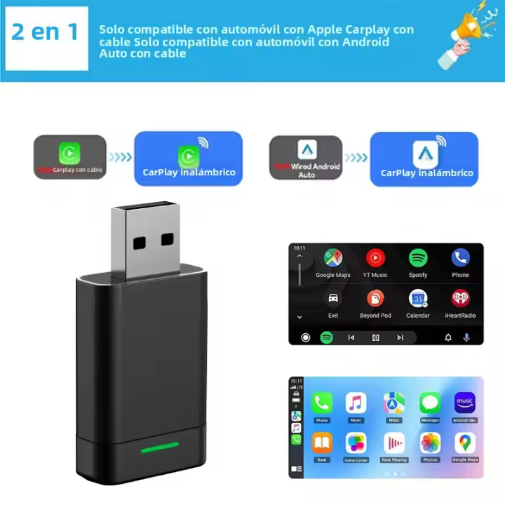 Adaptador Inalámbrico 2-en-1 Android Auto Y Apple CarPlay Con USB Plug And Play Dongle WiFi Conexión Automática Para Coche - 1