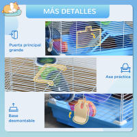 PawHut Jaula para Hámster 46x30x37 cm Casa para Hámster con Tubos Comedero Bebedero Rampa Rueda de Ejercicio y Asa Portátil para Interior y Exterior Azul y Blanco - details 5