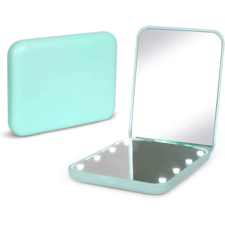 Espejo de bolsillo, espejo de maquillaje compacto de viaje con luz LED y aumento 1X/2X, de doble cara, portátil, plegable, pequeño espejo iluminado para regalo, color rosa - 1