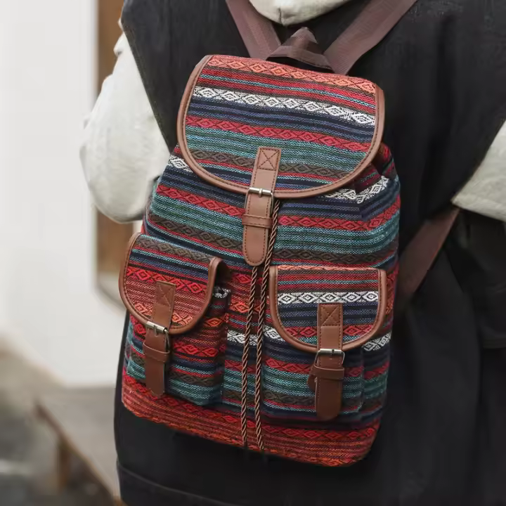Nueva Mochila Grande Para Mujer 2024 Estilo Étnico Retro Con Cordón Y Estampado Casuístico Bolso De Tanque De Escuela Casual - 1