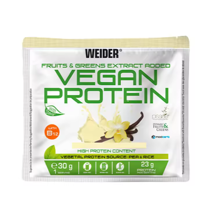 Weider Vegan - Vegan Protein - 30 gr (Monodosis) - Aislada Guisante (Pisane) y Arroz. Con Vitamina B12 y Stevia. Sin Gluten, Sin Azúcar. Bote 50% Reciclado, 100% Reciclable - 1