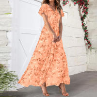 Vestido Largo De Mujer Elegante En Chiffon Floral Con Manga Corta Y Cuello En V A-Line Con Volante Y Cintura Empresarial Para Verano - details 13