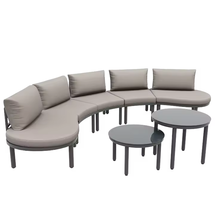 Conjunto de muebles de Jardín (5 plazas), 2 mesas de Centro con Cristal Templado, Estructura de Hierro galvanizado, muebles de Jardín con muebles de asiento y almohadones grises, elegant SOFA Redondo - 1