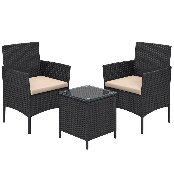 Conjunto de Muebles de Jardín en Ratán - Incluye 2 Sillones y 1 Mesa para Patio y Terraza - 1
