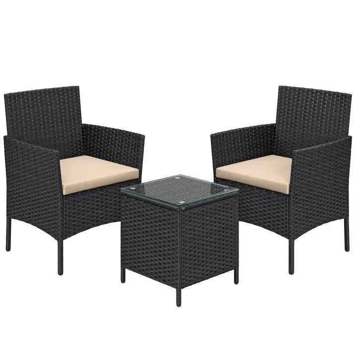 Conjunto de Muebles de Jardín en Ratán - Incluye 2 Sillones y 1 Mesa para Patio y Terraza - 1