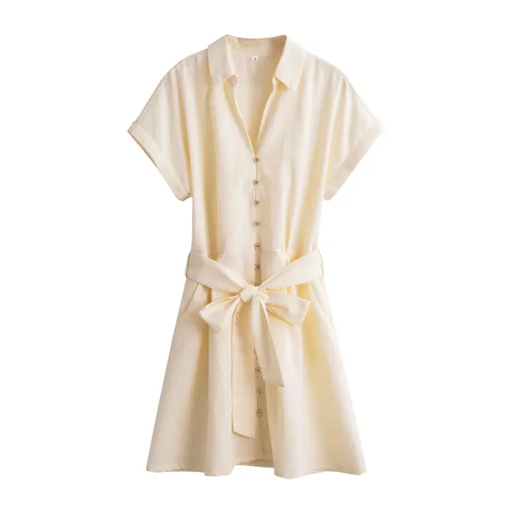 Summer Women Front Button With Belt Shirt Dress Short Sleeve Lapel Collar Female A-line Mini Casual Dress Office Vestidos - 1
