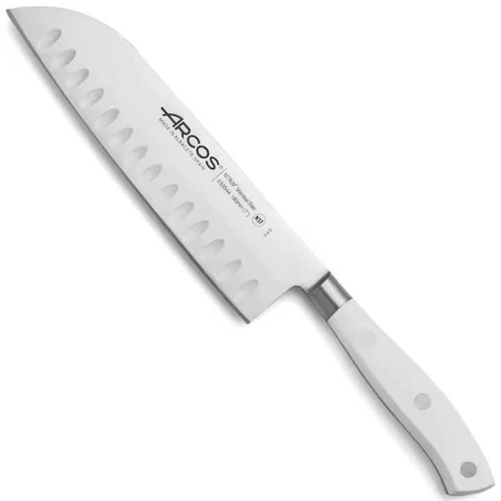 ARCOS Riviera Blanc - Cuchillo Santoku Alveolado (180 mm) - Hoja de Acero Inoxidable Forjado Nitrum® - Mango Blanco de Polioximetileno (POM) - 1
