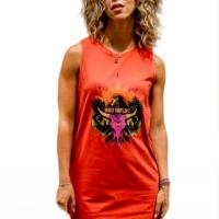 Vestido Maya Naranja de Mad Influence. Vestido recto naranja con ilustración frontal inspirada en la cultura Maya. - details 2
