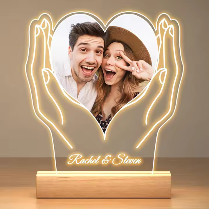 Marco de fotos personalizable en forma de corazón, parejas de aniversario, hombre o mujer, placa acrílica con luz nocturna, regalo de Navidad para él - 1