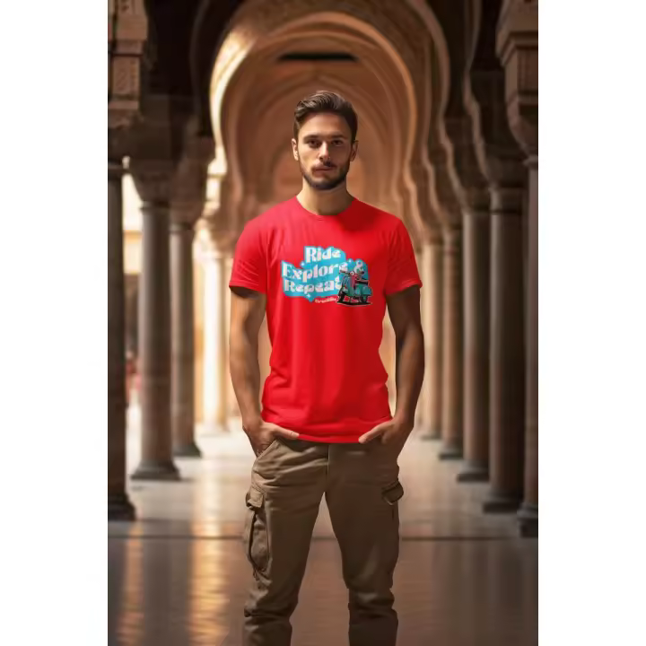 Camiseta Hombre Manga Corta Roja HD DHispania x Street Bike - Logotipo Vespa - 100% Algodón - 1